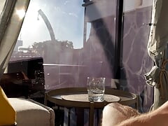 Public cum play in Gran Canaria with my big uncut cock in silk satin boxers in front of the sunny window for neigbors to see