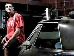 Hiding out in the garage, this slender babe works his cock with a sure hand