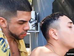 Super naughty Uriel Simon gets to enjoy a handjob from his driver Fer Froma's huge cock