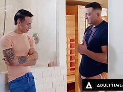 ADULT TIME - Lucca Mazzi Caught BF's Twink Latino Stepbro Des Irez Jerking Off To Him In The Shower!