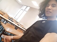 Cum at school, this horny student twink wanks his smooth cock and squirts jizz riskyly at school in a classroom on classmate des