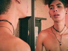 Hot Skinny Twink Jerking His Big Cut Cock in Front of the Mirror
