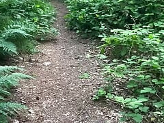 Walking bare foot and naked from car for an in forest for a wank