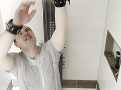 Slave tied in shower with very hot water