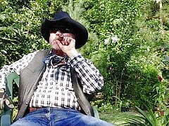 Cowboy dad on break and pumping his cock