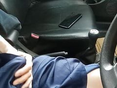 Asian Crossdresser Wearing Blue Satin Gown Masturbating In Car