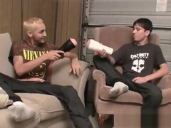 Two straight buddies showoff their dicks while jacking off