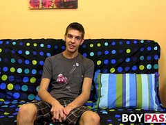 Young skinny gay dude having fun with his throbbing penis