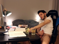 Gay student pissing and cumming in drinking glass while studying ✅