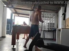Camera films 2 hetero boys frolicking pool bare.
