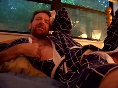 hairyartist joy in a blue checked bathrobe