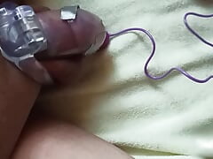 Locked in CB cage can't cum, vibrator ejaculated