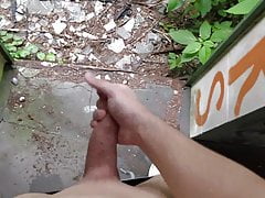 Cum in forest behind abandoned building