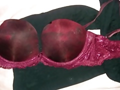 Cum covering red bra (again)