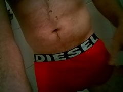 Peeing my red boxers.