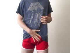 Twink in booty shorts has a huge cumshot
