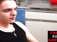 Oral pleased twink breeded in threesome until spraying jizz