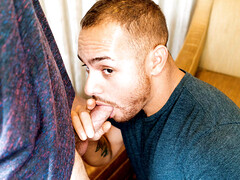 Amateur bloke throats cock clothed in exchange for cash