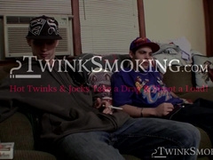 Horny buds Drac and Nolan work their horny big cock while puffing their cig