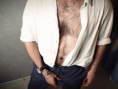 Horny Guy In Sweatpants Masturbates His small Cock Until Moaning Cumshot. Loud Orgasm