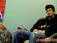 Young man goes naked and strokes his dick before cumming