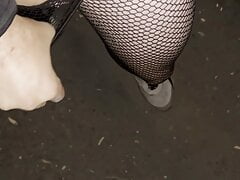 Night walking in pantyhose close road teen boy flash no pants