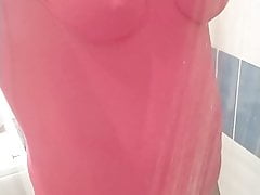 Boy on one piece swimsuit and pantyhose get shower 2