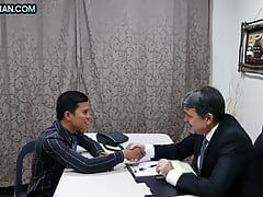 Office Asian twink enjoys DILF anal with white businessman