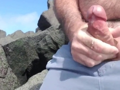 Jerking off on public beach-Big Cum Shot-Hairy Bear