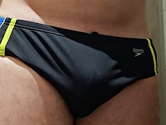 Wank and cum in a random guys black speedo