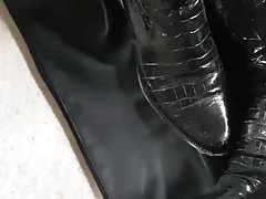 Cum my wife's patent riding boots & leather trousers