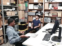 Young white guy enjoys a BBC dick in a security room