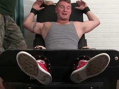 Hot muscle guy Jake Karhoff immobilized and tickled hard
