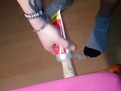 Femboy crossdressed sissy ass with red thongs riding on dildo