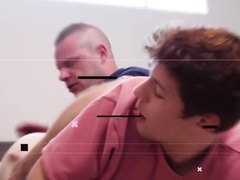 Two Mature Men Tag Team A Young Twink In Wrestling Practice And Threesome Fuck