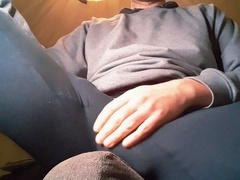 Teasing myself with a big bulge while trying to stay quiet and kinky in see-through leggings and pantyhose