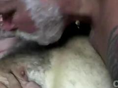 Furry daddy uses his tongue on his man's ass and dick