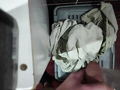 Jerking off cock and cum in stepsiser used panties