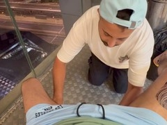 Balcony fun: hot blowjob, deepthroat action, and cum guzzling