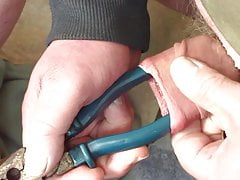 Foreskin with large blue pliers