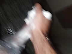 Breast pump boy2 takes his time in the shower with a while waiting outside the bathroom