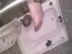 Roommate dildo using in the bathroom