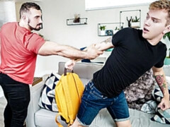 Jaxton Wheeler punishing thieving twink Timothy Drake on the bed