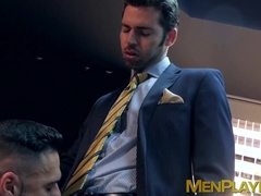 Executive has his hard dick slobbered on and his ass pounded