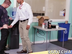 Ripped ebony stud riding boss cock during office threesome