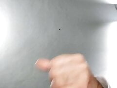 Jerking my big uncut curved cock and shooting a huge load