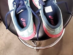 at the auto shop playing with Asics tennis shoes I found in customer SUV