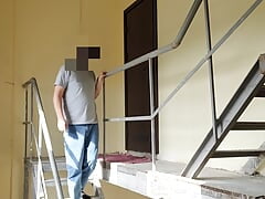 Dude rysky jerks off on the stairs. Neighbors ride the elevator