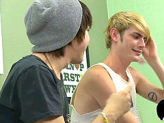 young lad jerks off his rigid boner while riding emos cock