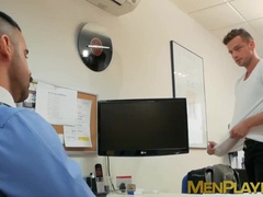 Businessmen relax and then have sex in their cozy office